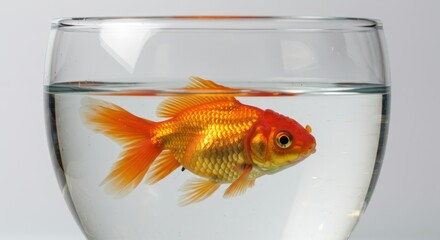 A single bright orange goldfish swims in a clear glass bowl filled with water against a plain white background.
