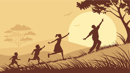 Silhouette of a family playing outdoors at sunset children running in tall grass vector illustration.