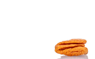 Peeled pecan nuts isolated on white background, close-up.