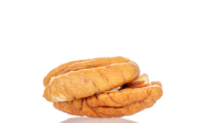 Peeled pecan nuts isolated on white background, close-up.