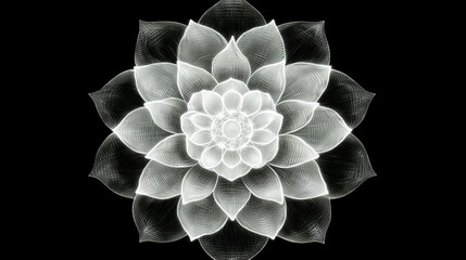 Symmetrical digital mandala with intricate patterns and tribal aesthetic, featuring luminous white design on black background, creating sense of harmony and balance