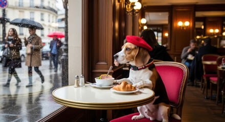 A sophisticated beagle dog wearing a red beret enjoys coffee and a croissant at a Parisian cafe on a rainy day.