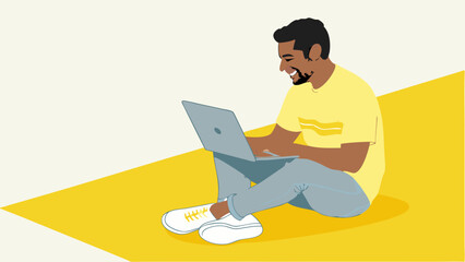 Smiling man using laptop sitting on yellow floor casual clothing modern illustration.