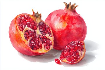 Watercolor painting of two ripe pomegranates, one cut open revealing seeds, isolated on white background