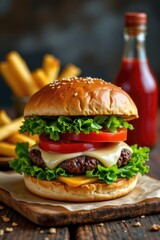 Juicy Gourmet Hamburger with Fresh Vegetables, Melted Cheese, and Crispy Fries Served with Ketchup in Rustic Setting