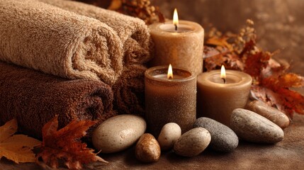 A cozy spa arrangement featuring soft towels, flickering candles, and smooth stones surrounded by autumn leaves, creating a peaceful atmosphere for relaxation.