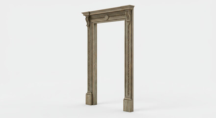 Ornate wooden doorway frame, architectural detail, classic design, neutral tones.