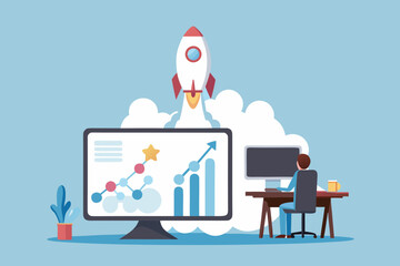 Man working at desk with computer showing upward trending graph and rocket launching into clouds symbolizing business growth and success
