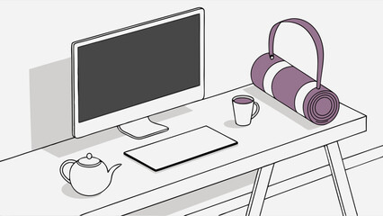 Work From Home Setup with Yoga Mat and Tea.