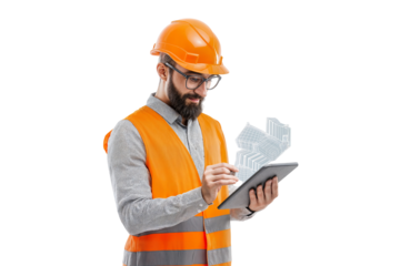 Engineer construction worker helmet safety vest tablet project planning on transparent background