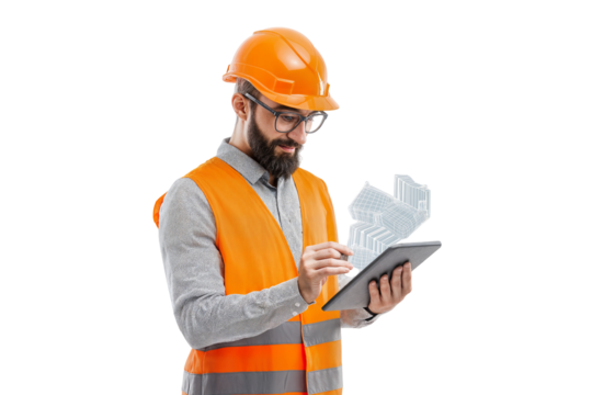 Engineer construction worker helmet safety vest tablet project planning on transparent background - Powered by Adobe