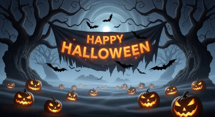 Spooky Halloween Night: Jack-o'-lanterns, Bats, and Glowing Banner in Haunted Forest
