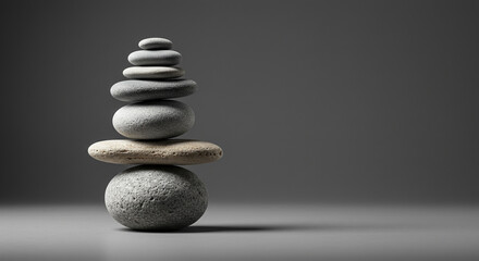 A carefully balanced stack of smooth, gray stones against a neutral background.