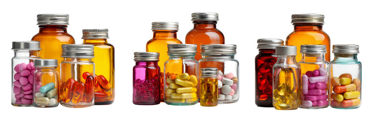 Set of Group of painkiller capsules lying beside an open medical bottle on transparent png background. Ai generated