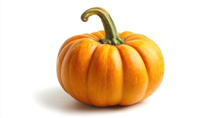 Obraz premium A vibrant orange pumpkin with pronounced ridges sits against a stark white background, highlighting its round shape. This classic autumn symbol represents harvest time and seasonal festivities.
