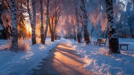 Stunning winter wonderland sunrise scene with snow covered trees and bench in beautiful park setting