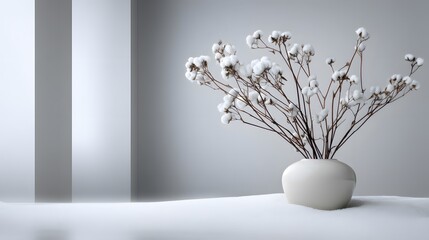 Captivating Winter Flora Emergence in a Refined Minimalistic White Setting Exuding Modern Elegance