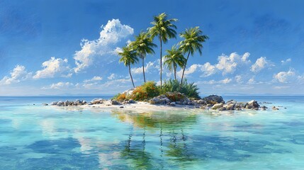 Obraz premium A detailed rendering of a tiny tropical island with lush palm trees set against a vivid blue background capturing a serene paradise during golden hour