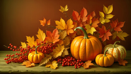 Orange pumpkins and colorful autumn leaves, a perfect seasonal harvest decoration for fall holidays