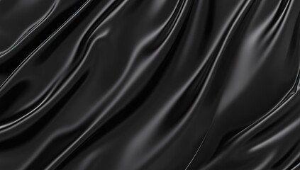 Fototapeta premium Black satin fabric, smooth and shiny with a soft sheen, perfect for elegant or luxury accessories. The texture of the material is detailed and rich in color, showcasing its luxurious quality