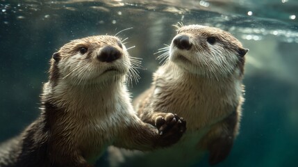 Two cute otters swimming in blue water looking up adorable river otter animal wildlife photography portrait
