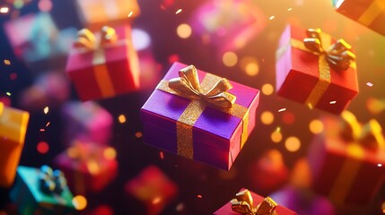 Colorful gift boxes with gold ribbon and bokeh lights falling present flying photo