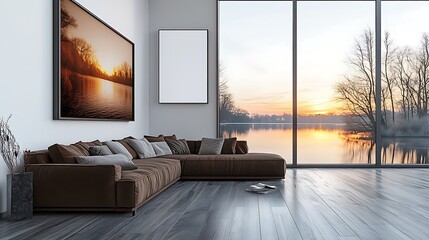 Fototapeta premium Contemporary living room interior with a comfortable sofa, fireplace, and modern furniture