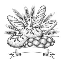Engraving composition of different bread types and wheat ears with blank ribbon banner, vintage ink sketch hand drawn black and white SVG vector illustration