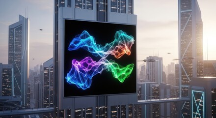 Abstract Colorful Light Display on a Modern Skyscraper Billboard.