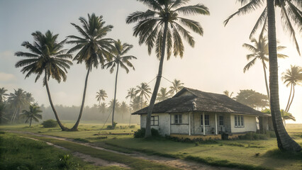 Fototapeta premium A small house surrounded by tall palm trees in a tropical setting on a hazy morning landscape beautifull view