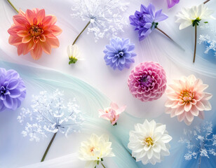 Colorful dahlia flowers and delicate blossoms with soft flowing abstract background and blank space