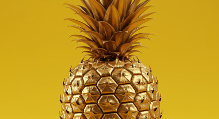 Golden pineapple with a textured surface and spiky leaves against a solid yellow background.