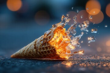 Delicious ice cream cone melting in a vibrant splash of refreshing flavor on a warm summer night