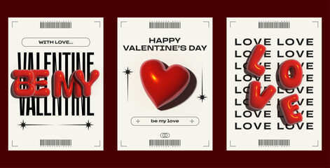 Valentine's day 3D inflated typography poster set with bold, glossy bubble letters and heart .Minimal modern y2k layouts. 2000s nostalgia aesthetic