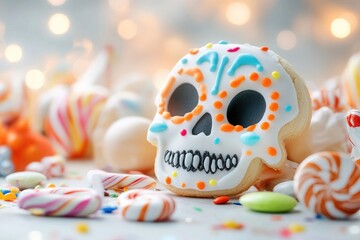 Colorful day of the dead sugar skull cookies with festive background
