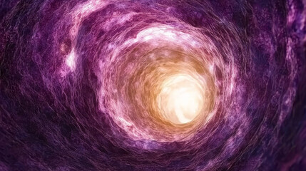 Vibrant, swirling tunnel with purple and pink hues creates mesmerizing, otherworldly effect, leading to bright light at center. abstract design evokes sense of motion and depth