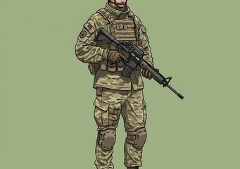 Fototapeta premium Armed Soldier in Camouflage Uniform Carrying a Rifle Ready for Duty