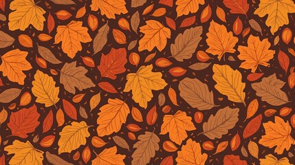A bold and vibrant pattern of stylized orange and brown oak leaves. This graphic fall foliage background is perfect for eye-catching Thanksgiving decorations or modern seasonal projects