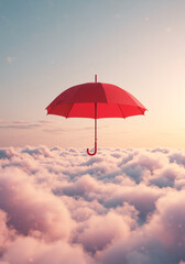 A solitary red umbrella floats serenely above a dreamy expanse of pink clouds at sunset.