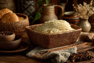 Traditional packaged noodles with simple brown paper wrapping, rustic and organic feel