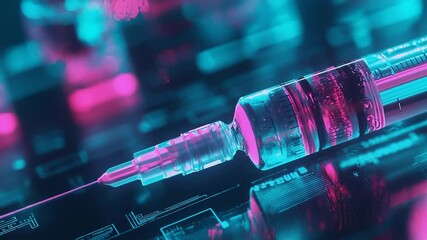 Syringe injecting liquid on digital interface in futuristic laboratory - Powered by Adobe