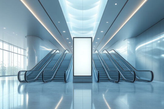 Interior view of a modern building with escalators and a blank advertising billboard space