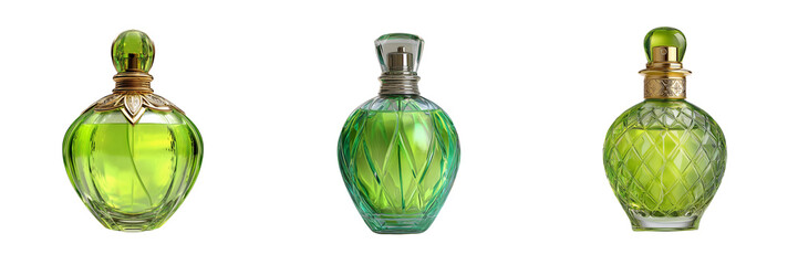 Set of A green glass bottle with intricate gold decoration on transparent png background. Ai generated