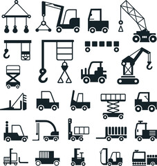Construction, industrial, vehicle, icon, set, crane, forklift, scissor, lift, truck, machinery, equipment, logistics, transport, heavy, work, silhouette, black, isolated, vector © Merajul