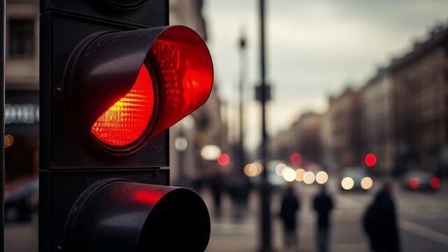 A vibrant red traffic light glows against the backdrop of a classic European street in the city of Berlin, Germany
