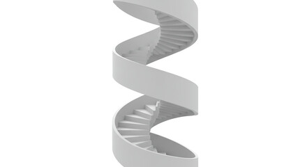 A white spiral staircase winds upwards in a minimalist, isolated architectural design.