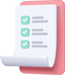 White clipboard task management todo check list, efficient work on project plan, fast progress, level up concept, assignment and exam, productivity solution icon. 3d render on pink background.