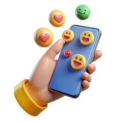 3d hand holding phone with emoji, minimal social media with emoji, Cartoon minimal icon.