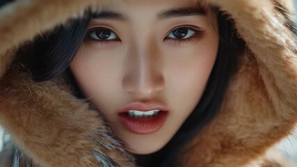 A woman wearing a luxurious fur coat poses for the camera, conveying confidence and sophistication