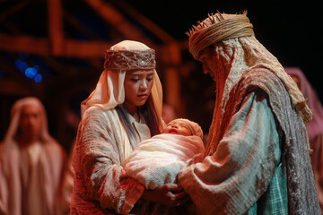 Christmas drama performance with costumes of angels, shepherds and baby Jesus, solemn atmosphere